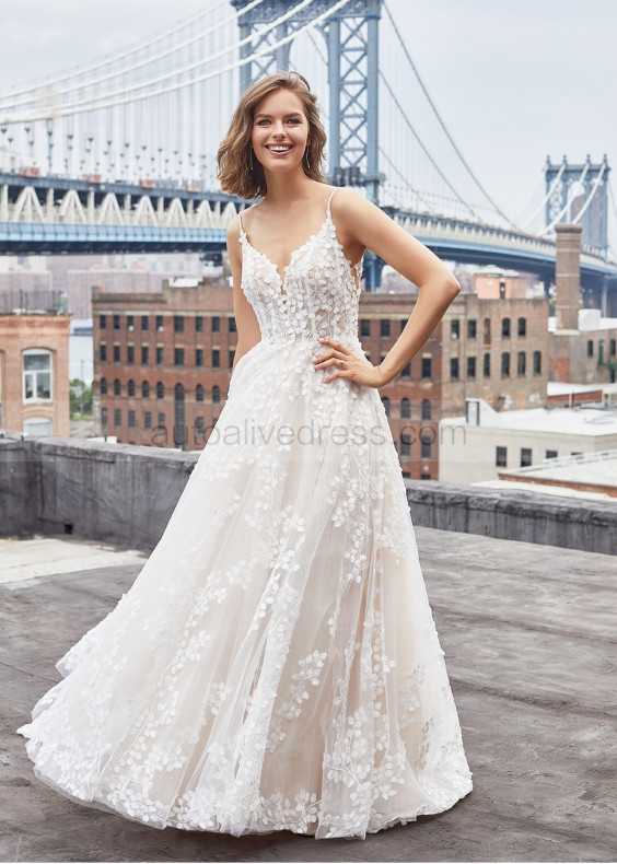 Ivory Floral Lace V Back Fabulous Wedding Dress